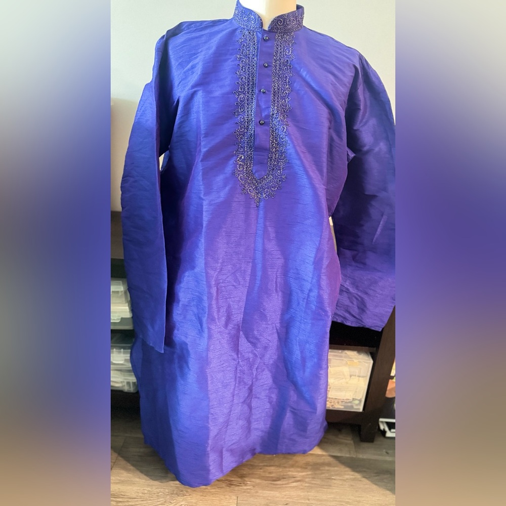 Connor Blue 44L Raw Silk Indian Shirt  Handcrafted Elegance with Embroidery